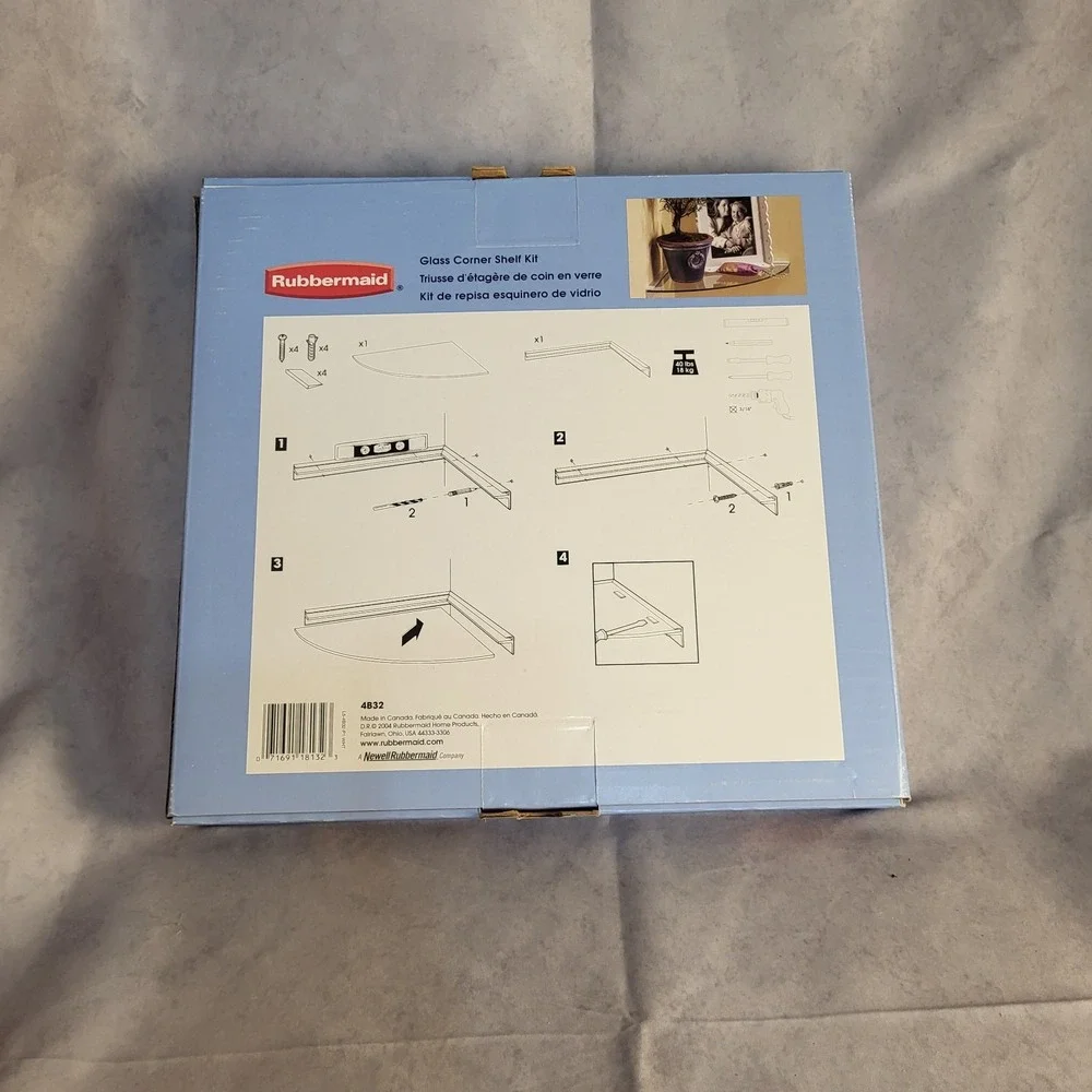New In Box 2004 Rubbermaid Glass Corner Shelf Kit, 12 X 12 X 1.4